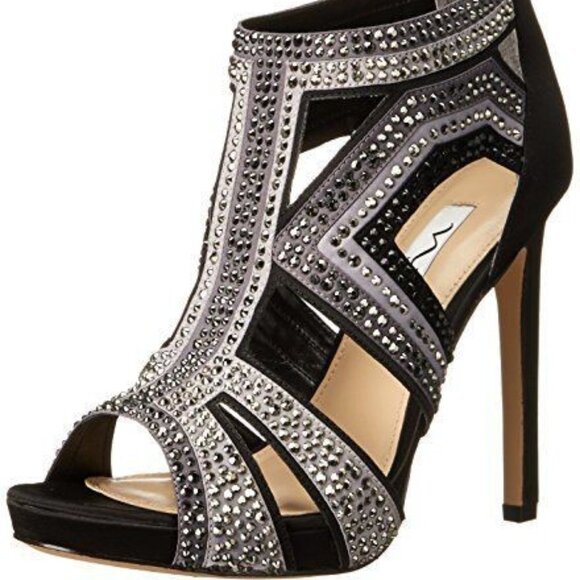 NINA FLAVOR - LS BLACK STEEL EMBELLISHED SATIN HIGH HEELS EVENING 6.5 W BOX - Picture 3 of 16